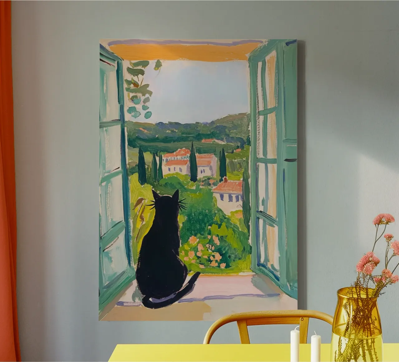 Black cat at the window - Matisse style canvas with Floater frame by Euphoria Theresa