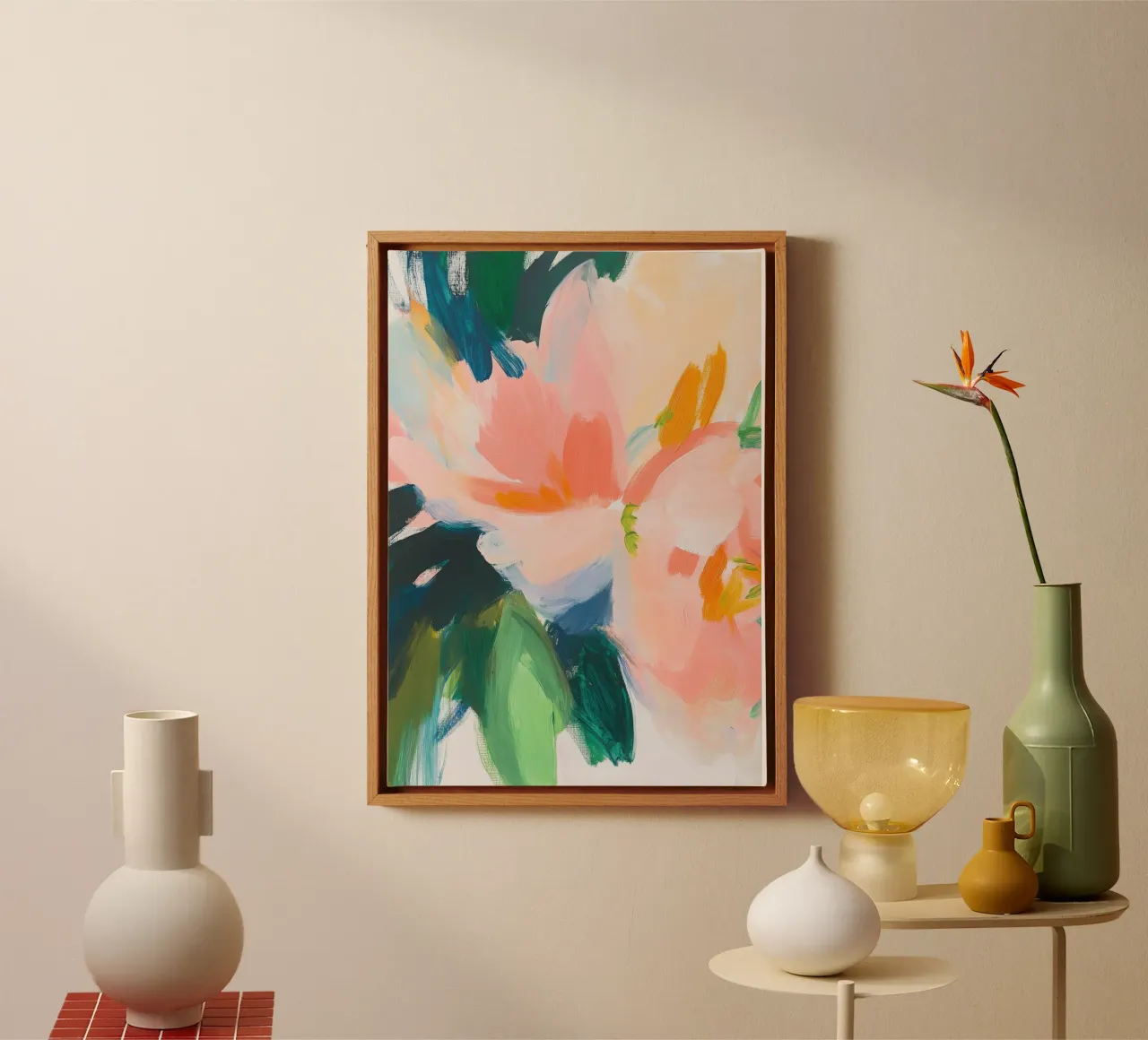Two peonies in bloom - Abstract proximity canvas with Floater frame by Euphoria Theresa
