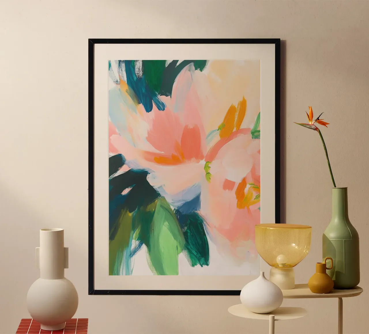 Due peonie in fiore - Prossimità astratta poster con telaio in plastica da Euphoria Theresa