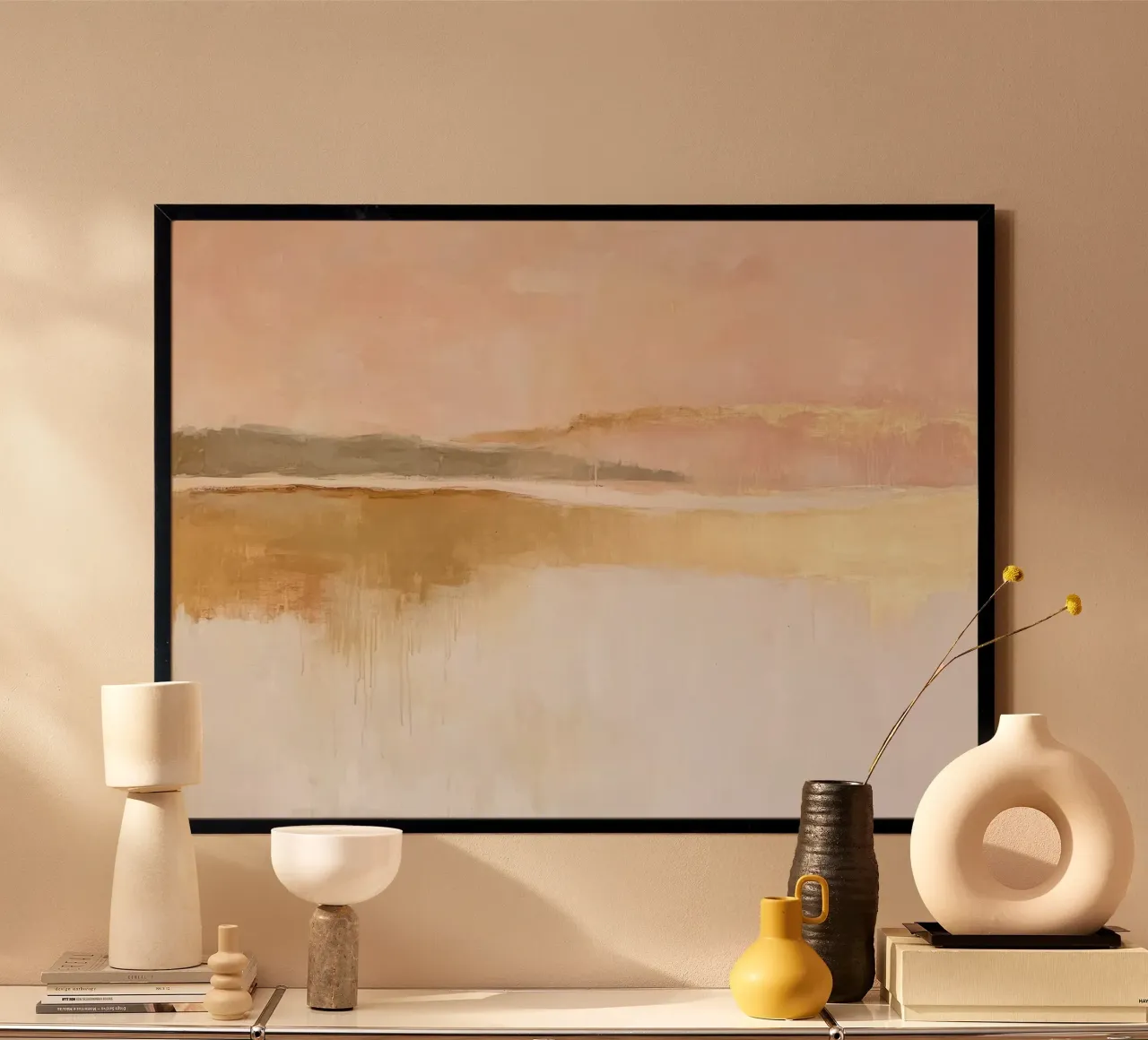 Pastel landschap met gouden rivier - Abstract poster van Euphoria Theresa