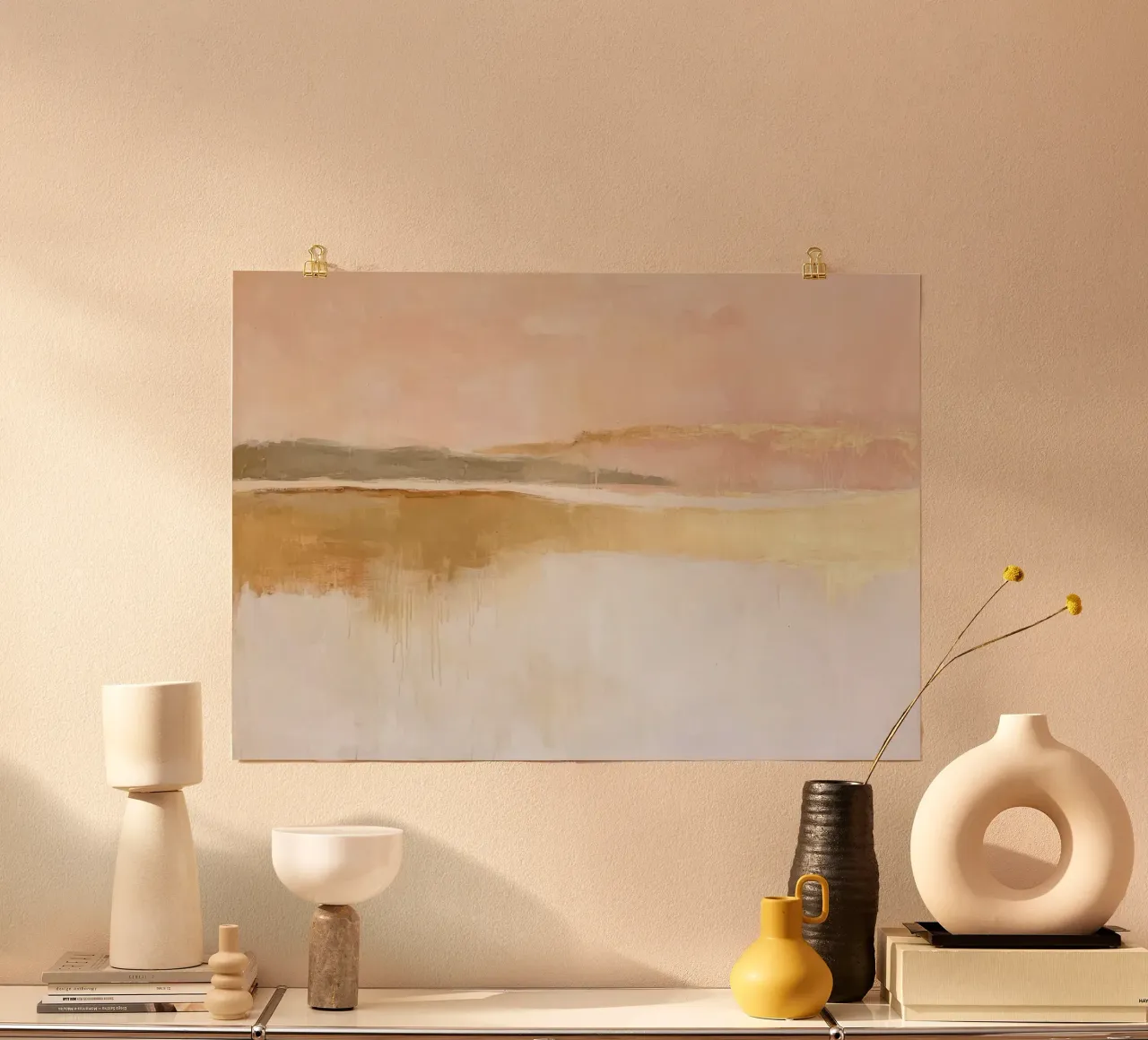 Pastel landschap met gouden rivier - Abstract poster van Euphoria Theresa