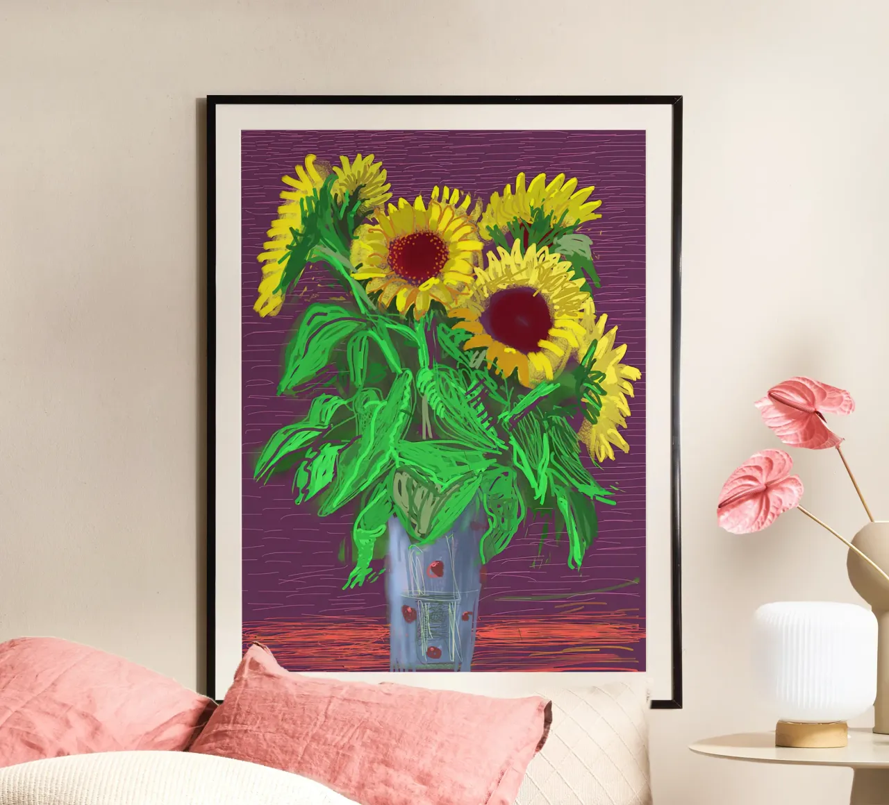 1996, Tre girasoli e una bottiglia d'acqua poster con telaio in alluminio da Glen Stephens