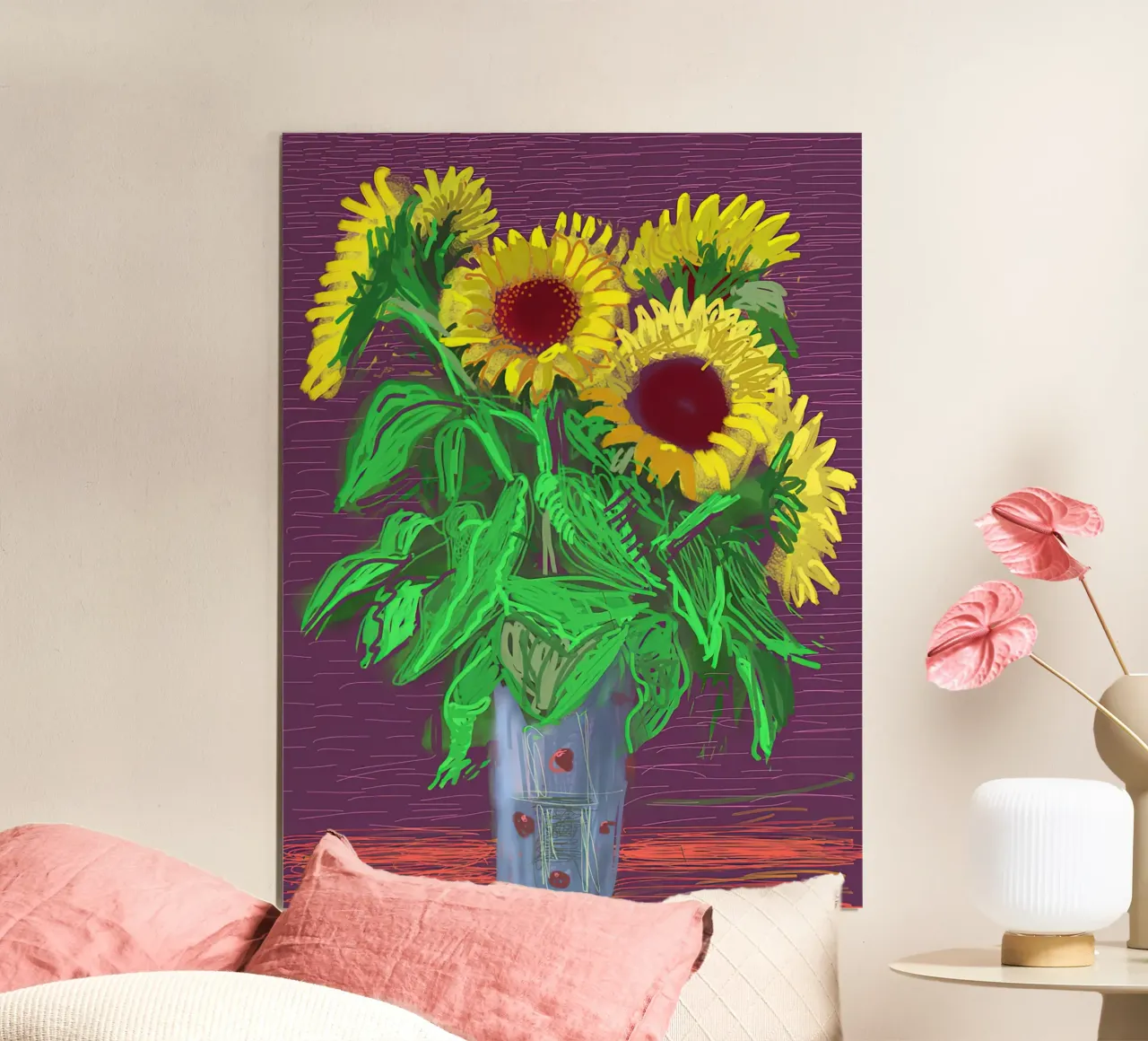 1996, Tre girasoli e una bottiglia d'acqua poster con telaio in alluminio da Glen Stephens