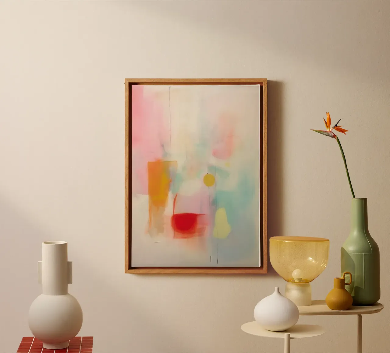 Pastel abstract with a red accent canvas with Floater frame by Euphoria Theresa