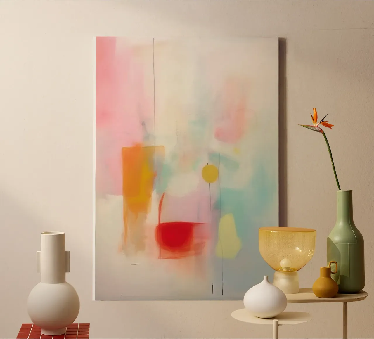 Pastel abstract with a red accent canvas with Floater frame by Euphoria Theresa