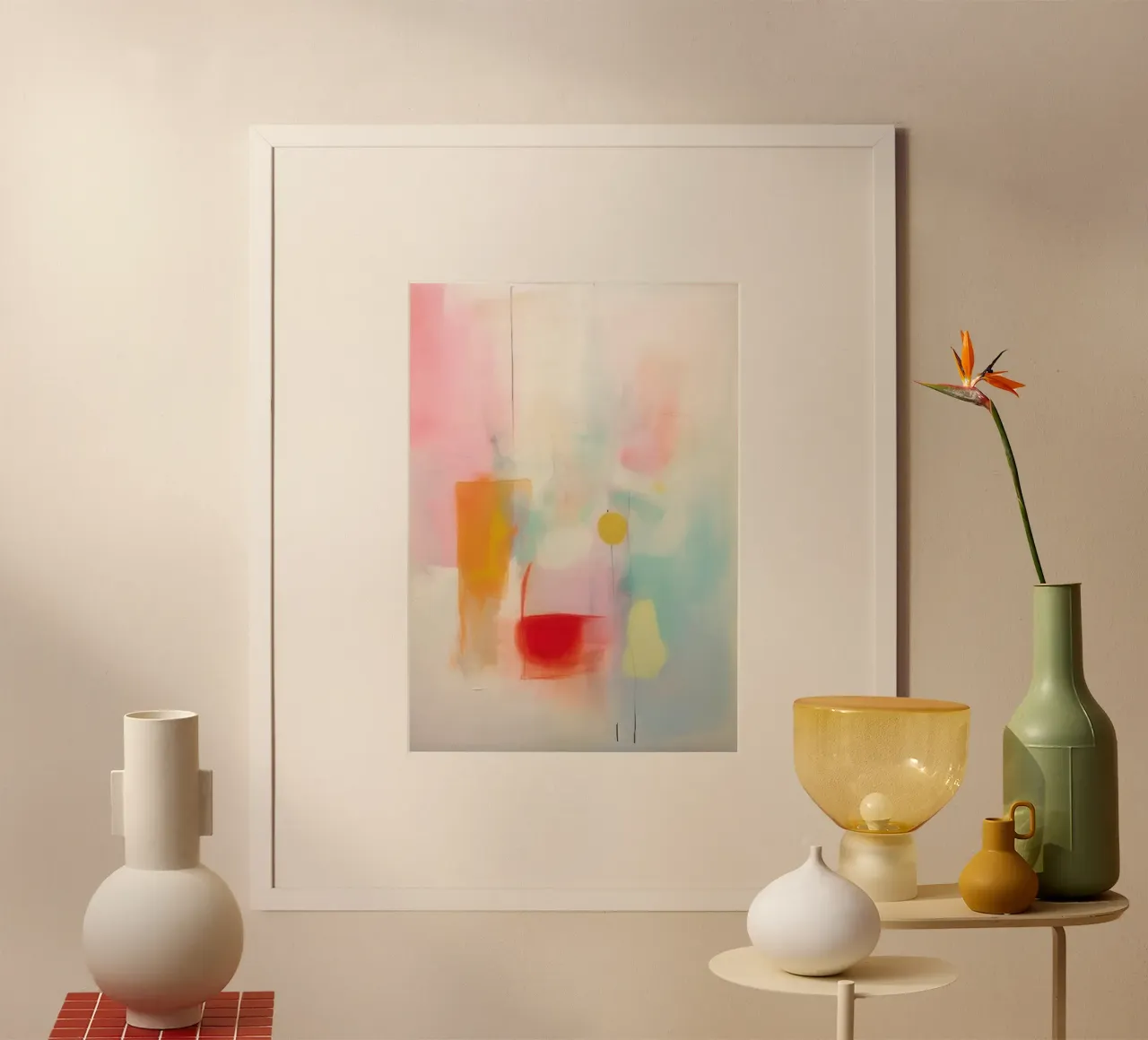 Pastel abstract with a red accent poster with aluminum frame by Euphoria Theresa