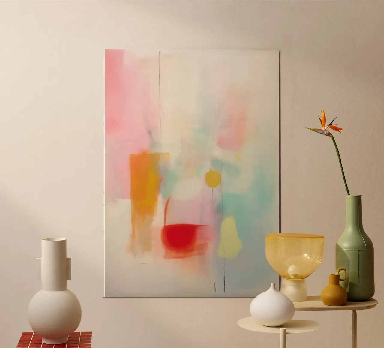 Pastel abstract with a red accent poster with aluminum frame by Euphoria Theresa