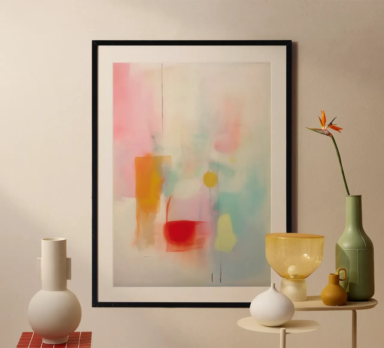 Pastel abstract with a red accent poster with aluminum frame by Euphoria Theresa