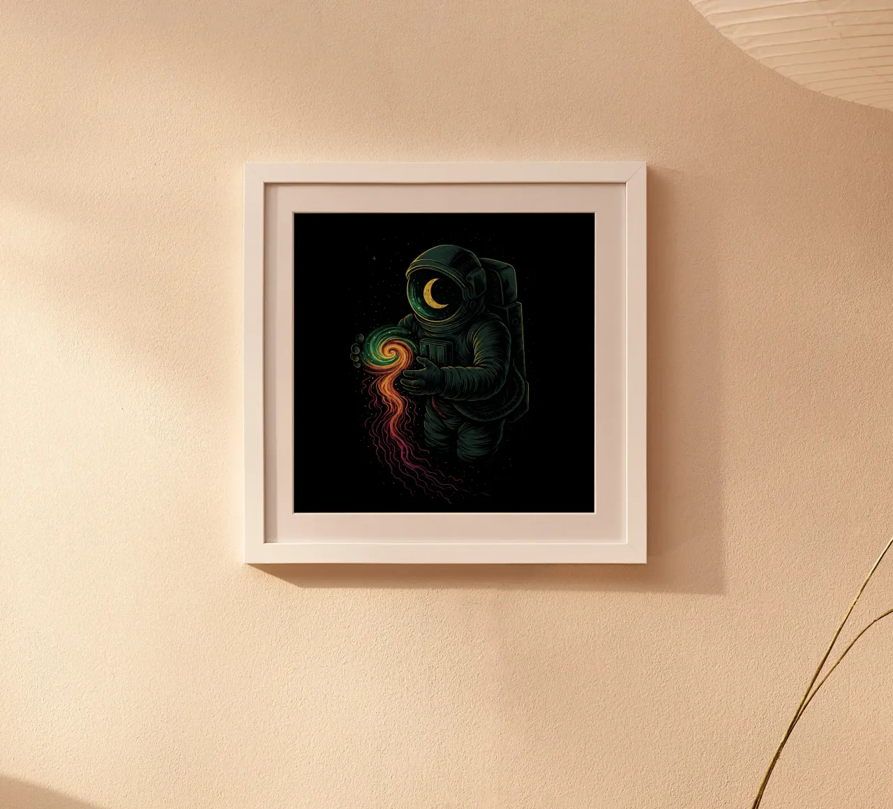 Astronaut & Swirling Galaxy poster con telaio in legno da BadrBrand