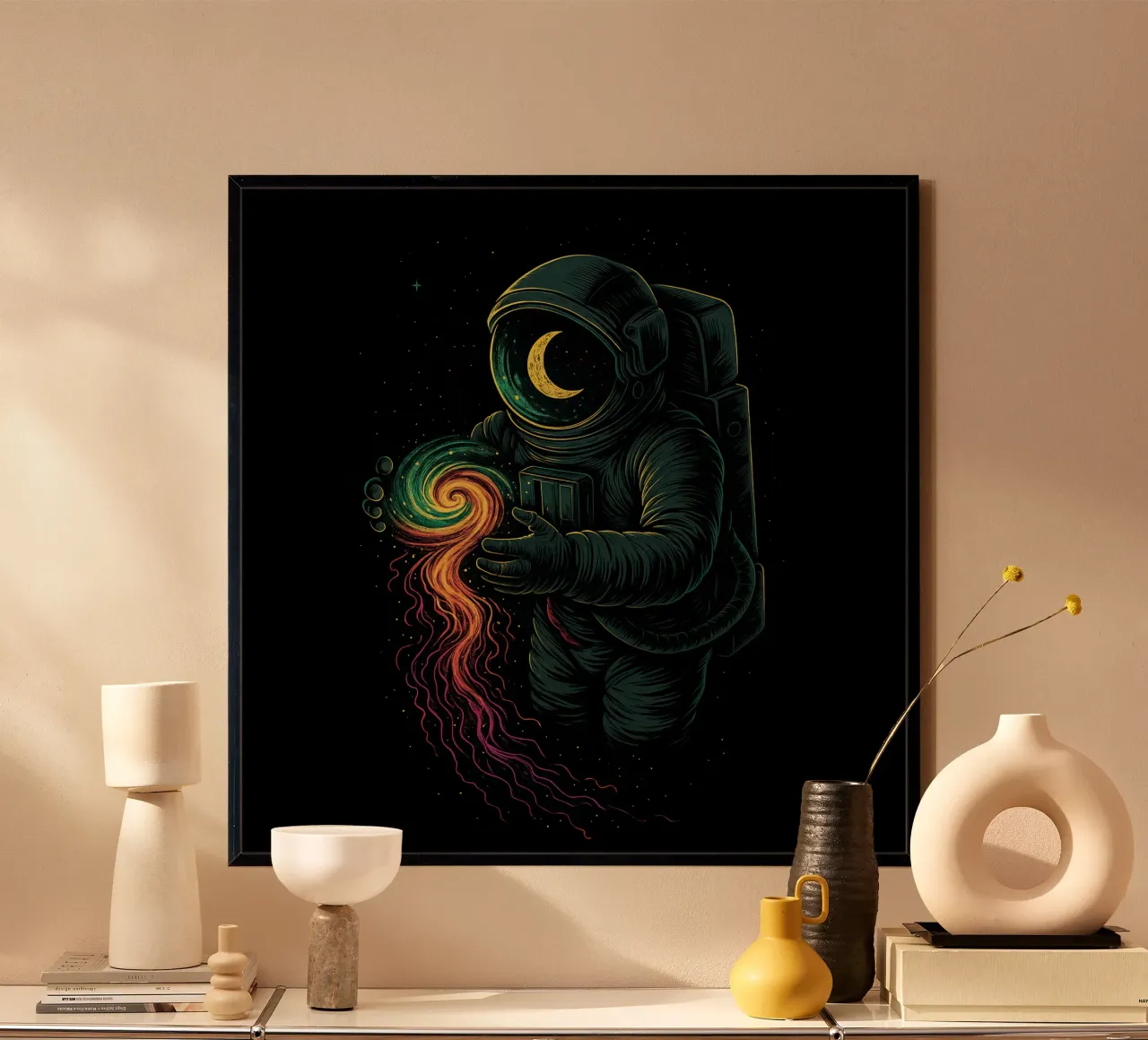 Astronaut & Swirling Galaxy poster con telaio in legno da BadrBrand