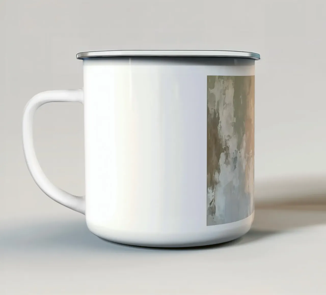 Zacht beige-wit - abstracte rust emaille mok van Euphoria Theresa