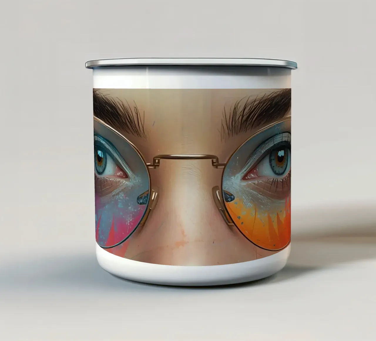 Donna che indossa gli occhiali con riflessi colorati ritratto tazza in smalto da DesignDoodle