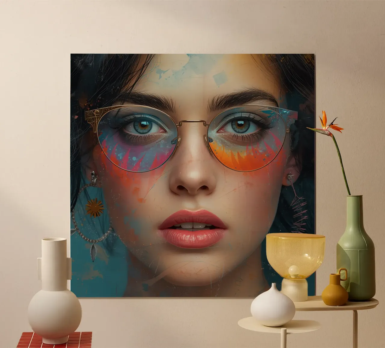 Donna che indossa gli occhiali con riflessi colorati ritratto poster da DesignDoodle