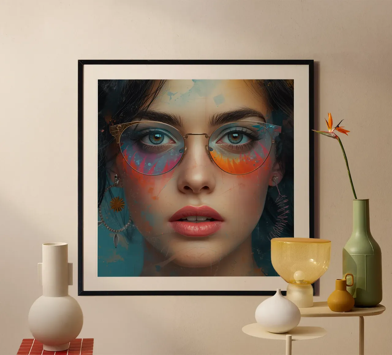 Donna che indossa gli occhiali con riflessi colorati ritratto poster da DesignDoodle