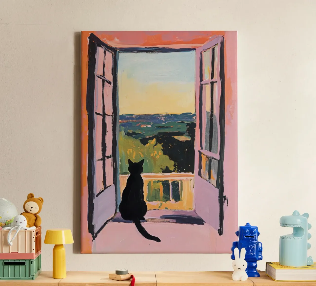 Minimalist cat in the window - Matisse style canvas with Floater frame by Euphoria Theresa