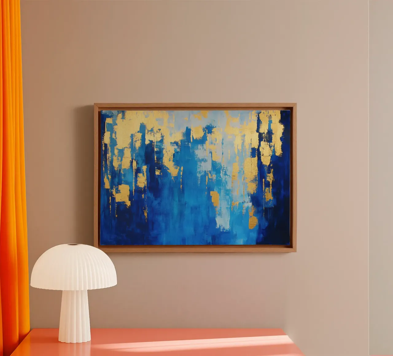 Abstract blauw-goud - olieverfschilderij met glanzend effect canvas met Baklijst van Euphoria Theresa