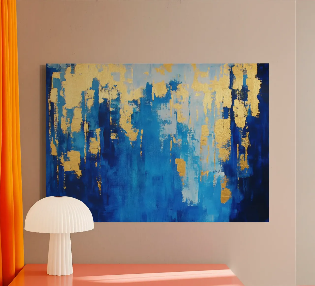Abstract blauw-goud - olieverfschilderij met glanzend effect canvas met Baklijst van Euphoria Theresa