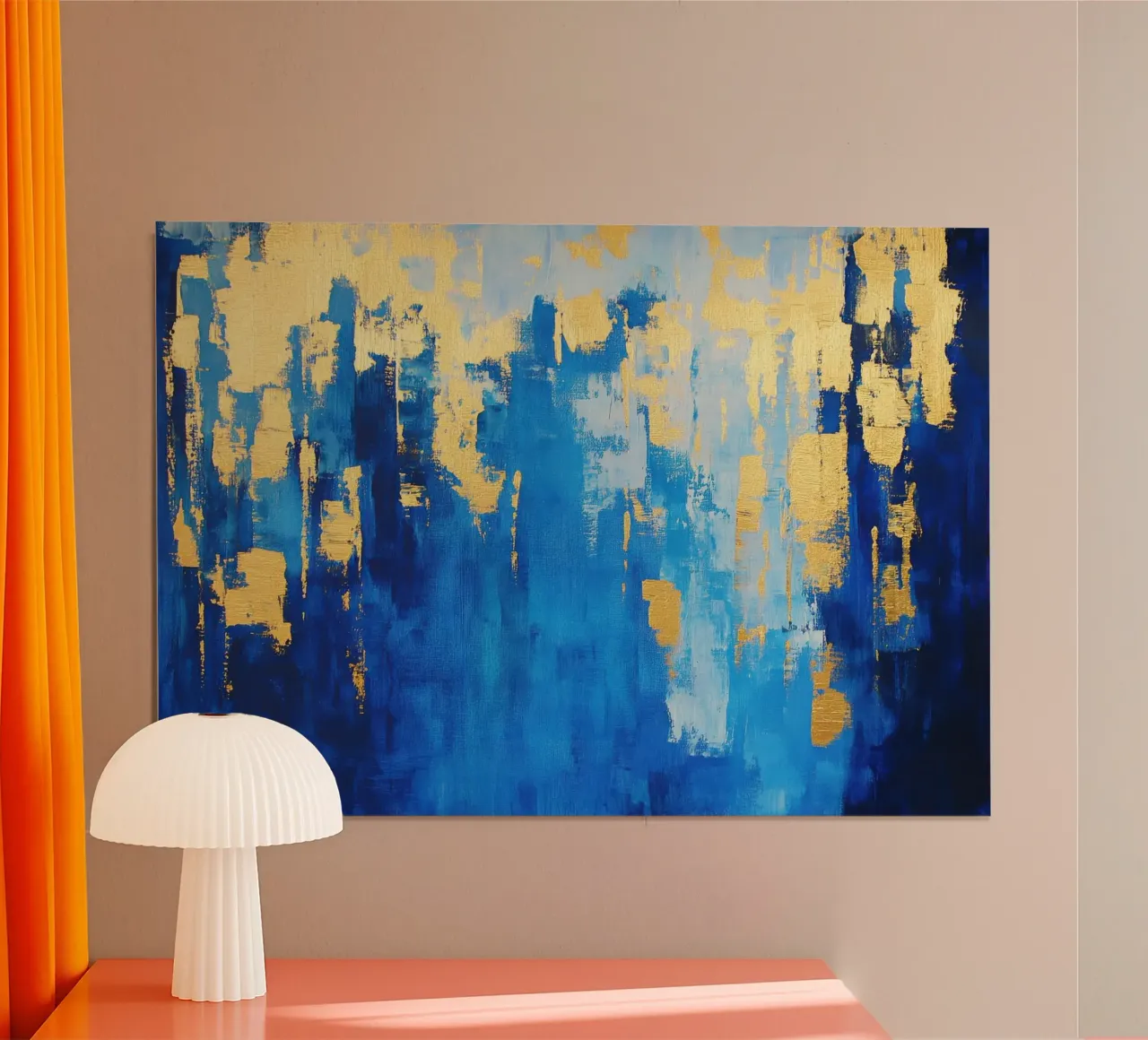 Abstract blauw-goud - olieverfschilderij met glanzend effect poster van Euphoria Theresa