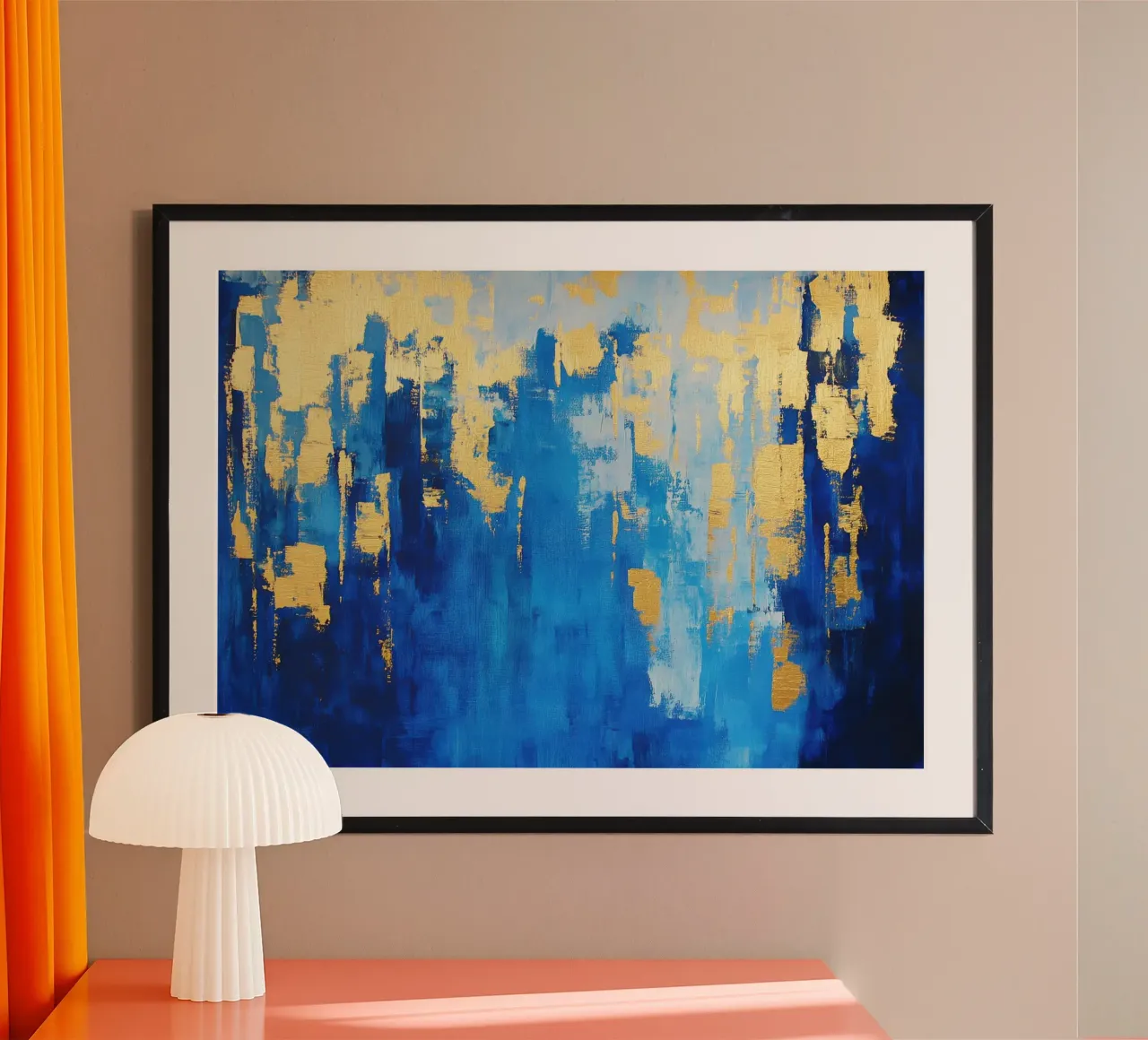 Abstract blauw-goud - olieverfschilderij met glanzend effect poster van Euphoria Theresa