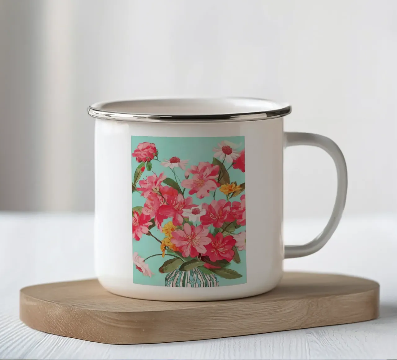 Azalea and Wildflower Bouquet on Teal tazza in smalto da Flow Line