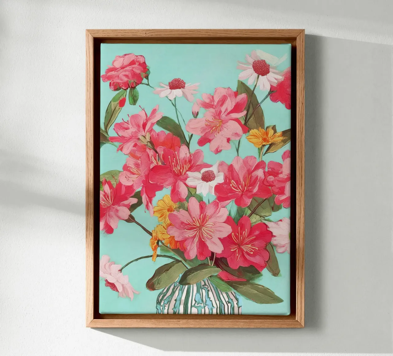 Azalea and Wildflower Bouquet on Teal tela con Cornice a cassetta da Flow Line