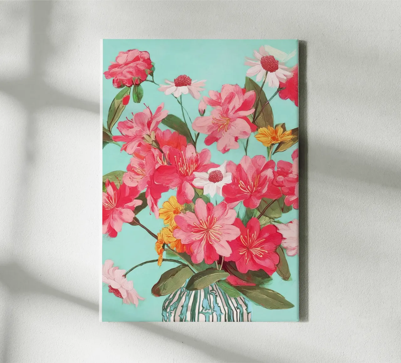 Azalea and Wildflower Bouquet on Teal tela con Cornice a cassetta da Flow Line