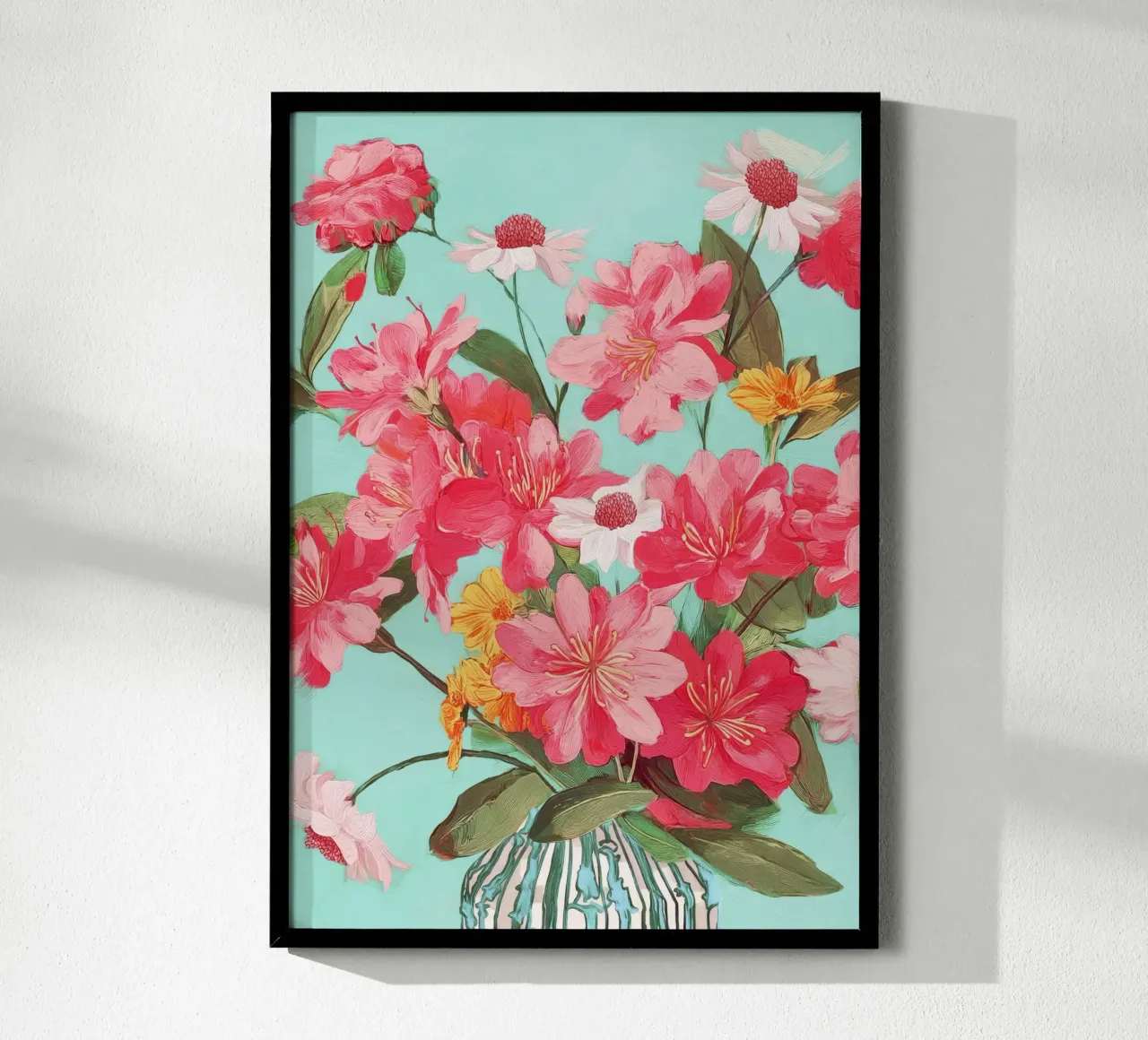 Azalea and Wildflower Bouquet on Teal poster con telaio in legno da Flow Line