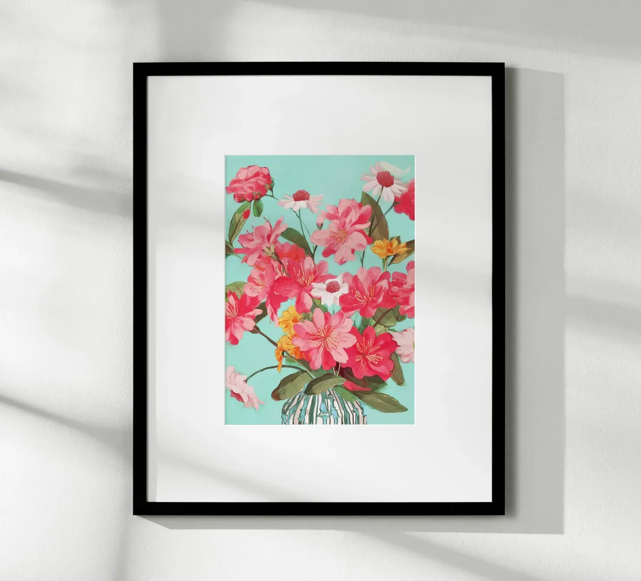 Azalea and Wildflower Bouquet on Teal poster con telaio in legno da Flow Line