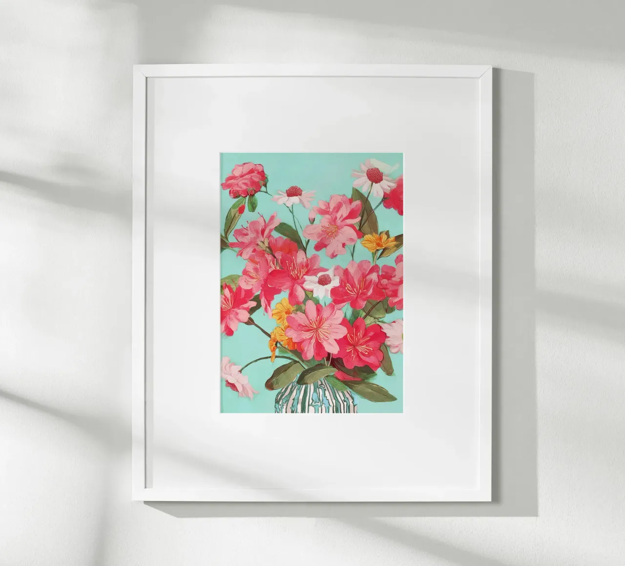 Azalea and Wildflower Bouquet on Teal poster con telaio in legno da Flow Line
