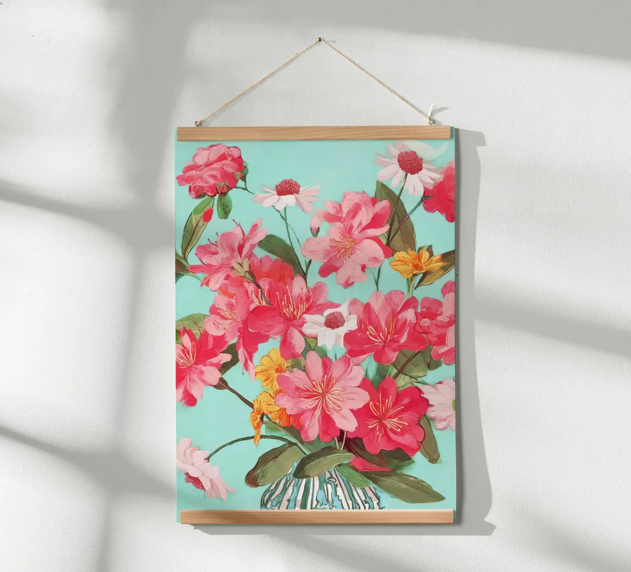 Azalea and Wildflower Bouquet on Teal poster con telaio in legno da Flow Line
