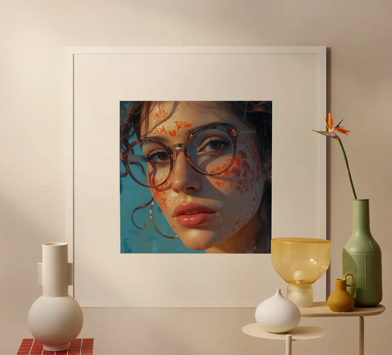 Ritratto di donna con occhiali e pittura floreale sul viso poster con telaio in alluminio da DesignDoodle