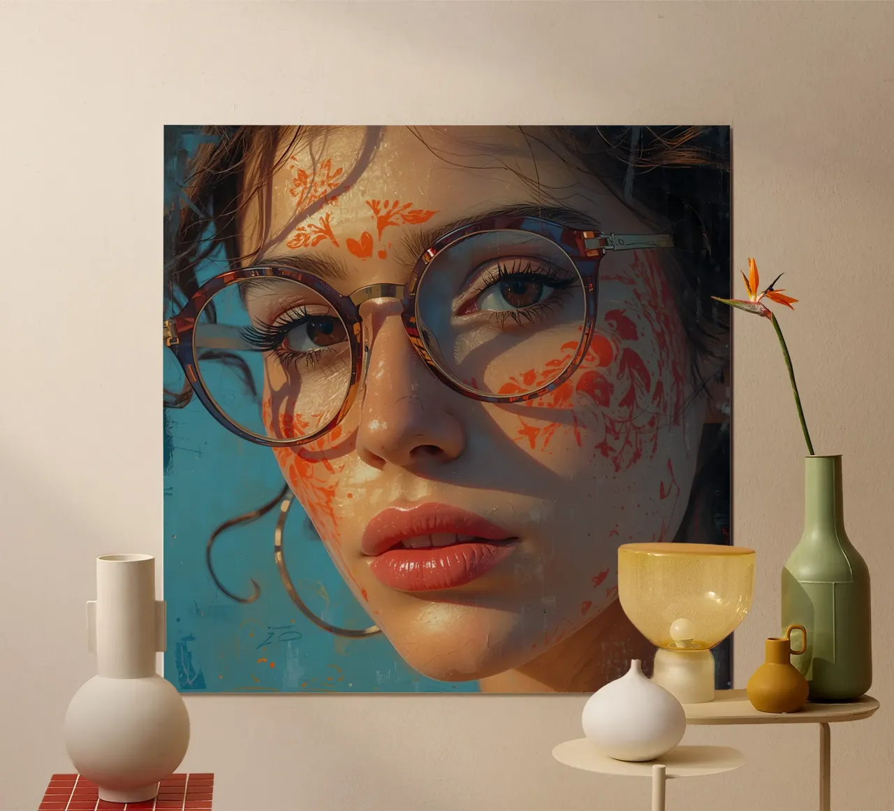 Ritratto di donna con occhiali e pittura floreale sul viso poster con telaio in alluminio da DesignDoodle