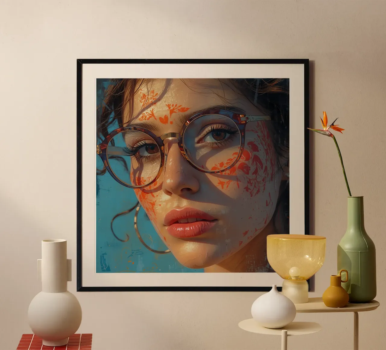 Ritratto di donna con occhiali e pittura floreale sul viso poster con telaio in alluminio da DesignDoodle