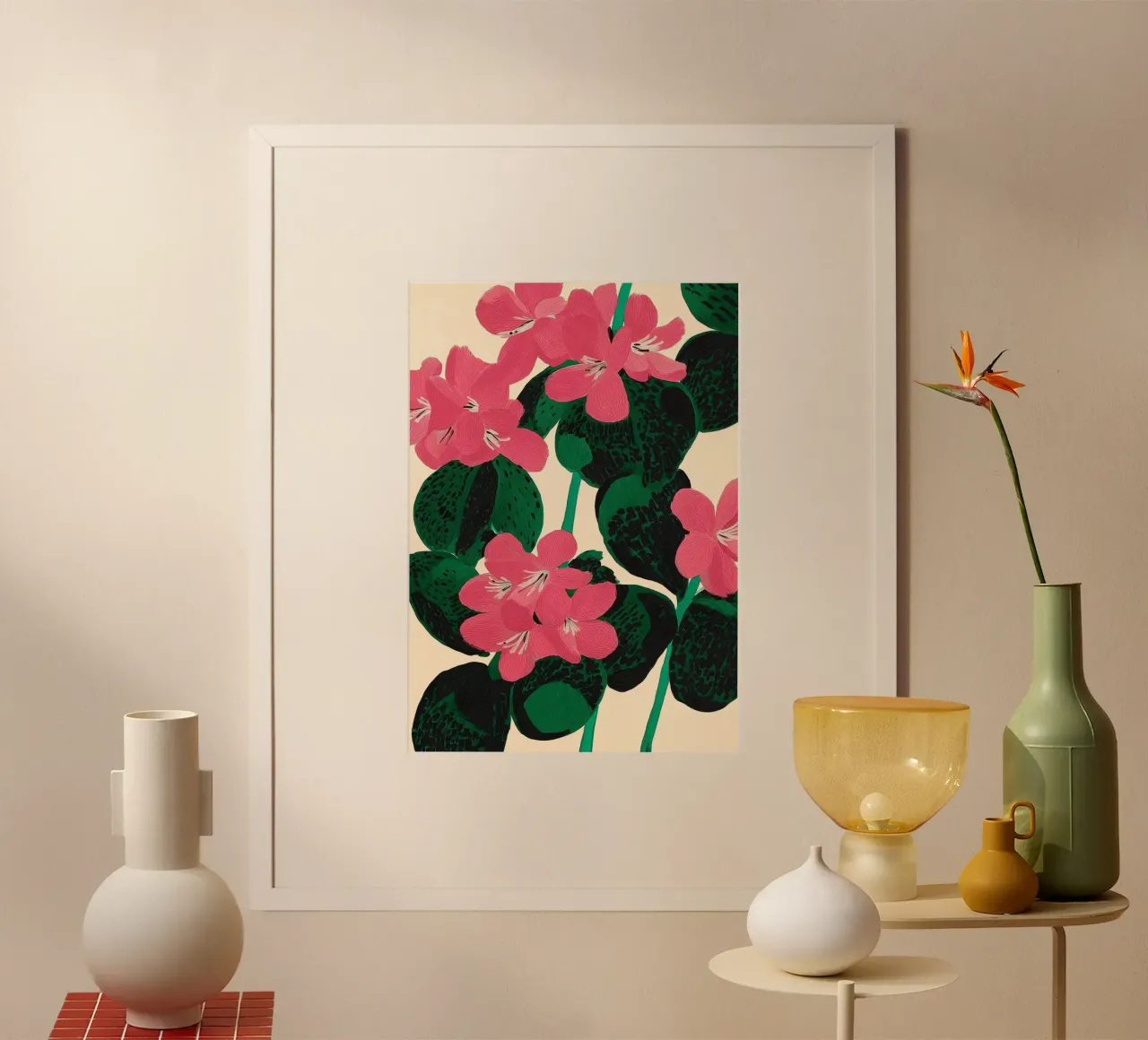 Azalea Blossoms with Jade Leaves poster con telaio in legno da Flow Line