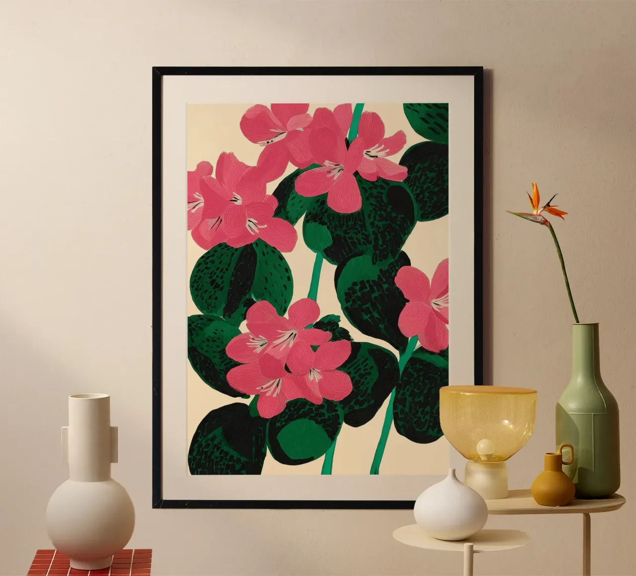 Azalea Blossoms with Jade Leaves poster con telaio in legno da Flow Line