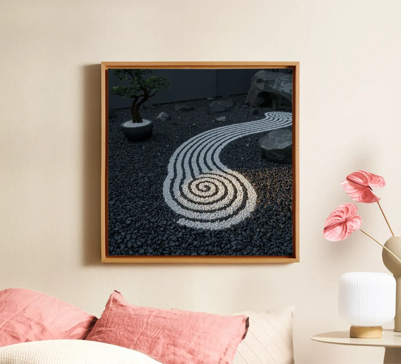 Zen Garden with Pebble Design Bonsai and Rocks canvas with Floater frame by DesignDoodle