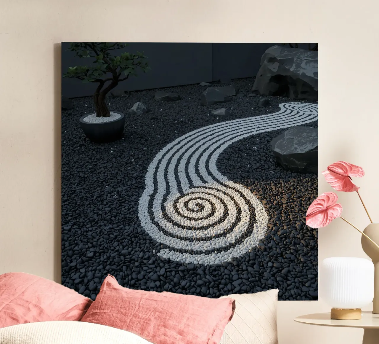 Zen Garden with Pebble Design Bonsai and Rocks canvas with Floater frame by DesignDoodle
