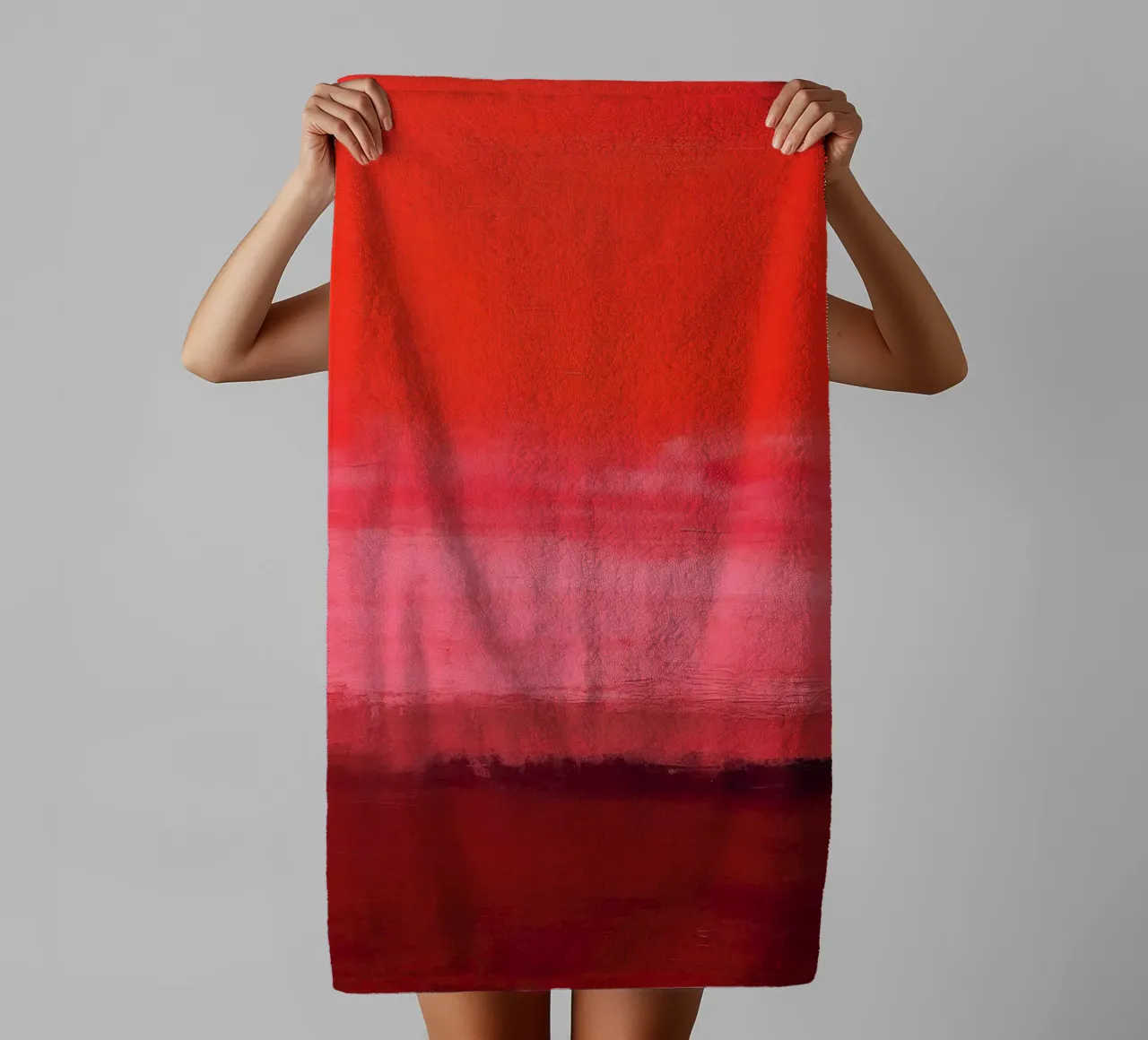 Retro minimalisme - rode lucht met penseelstreken badhanddoek van Euphoria Theresa