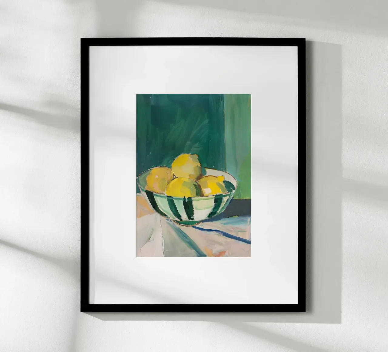 Natura morta: Limoni in una ciotola a righe poster con telaio in legno da Euphoria Theresa