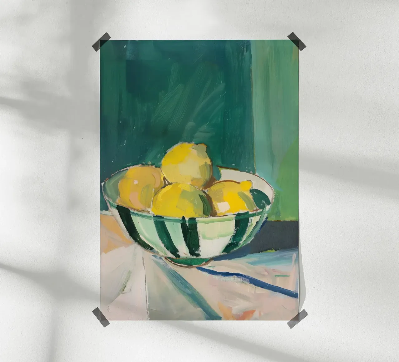 Natura morta: Limoni in una ciotola a righe poster con telaio in legno da Euphoria Theresa