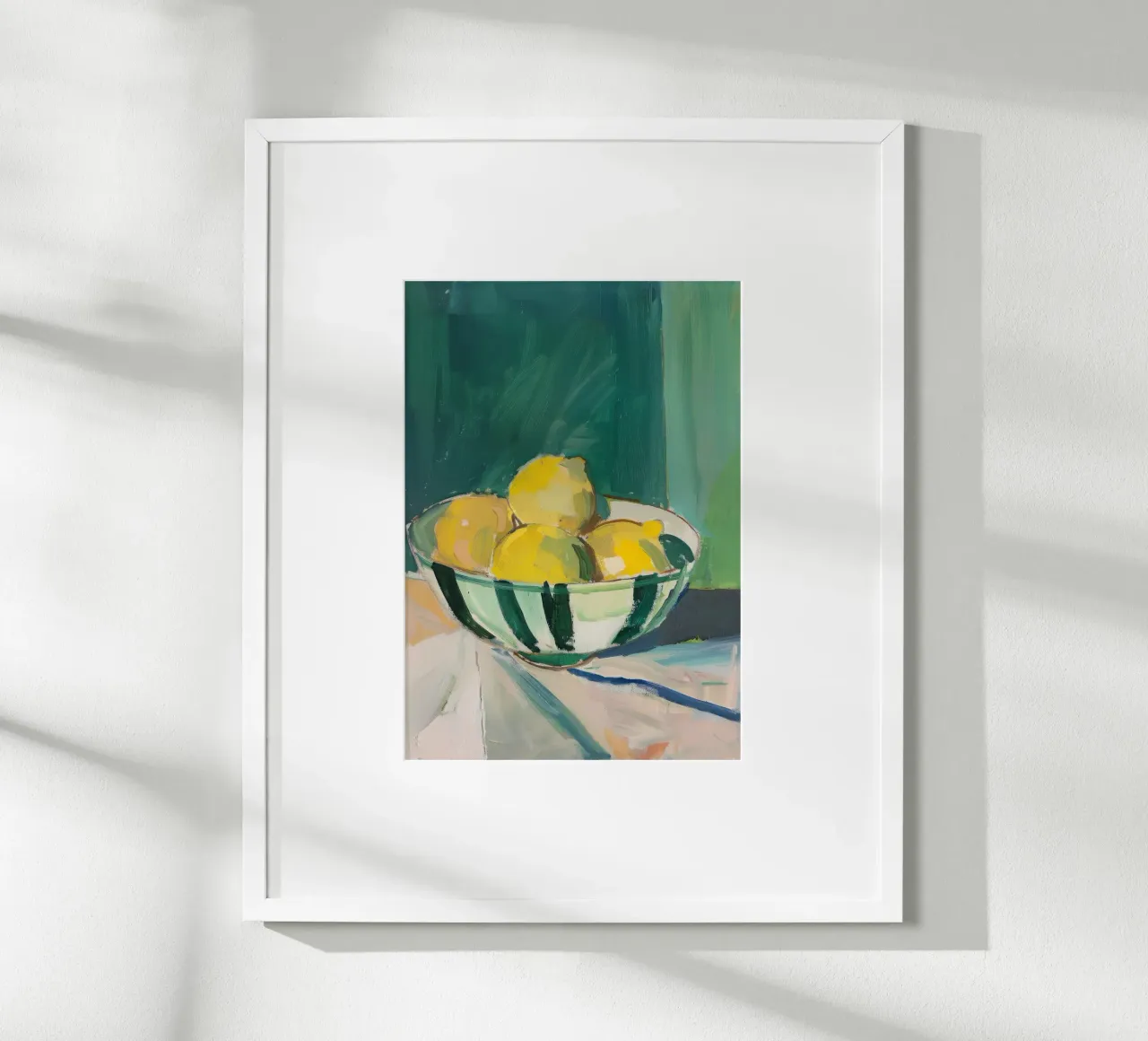 Natura morta: Limoni in una ciotola a righe poster con telaio in legno da Euphoria Theresa