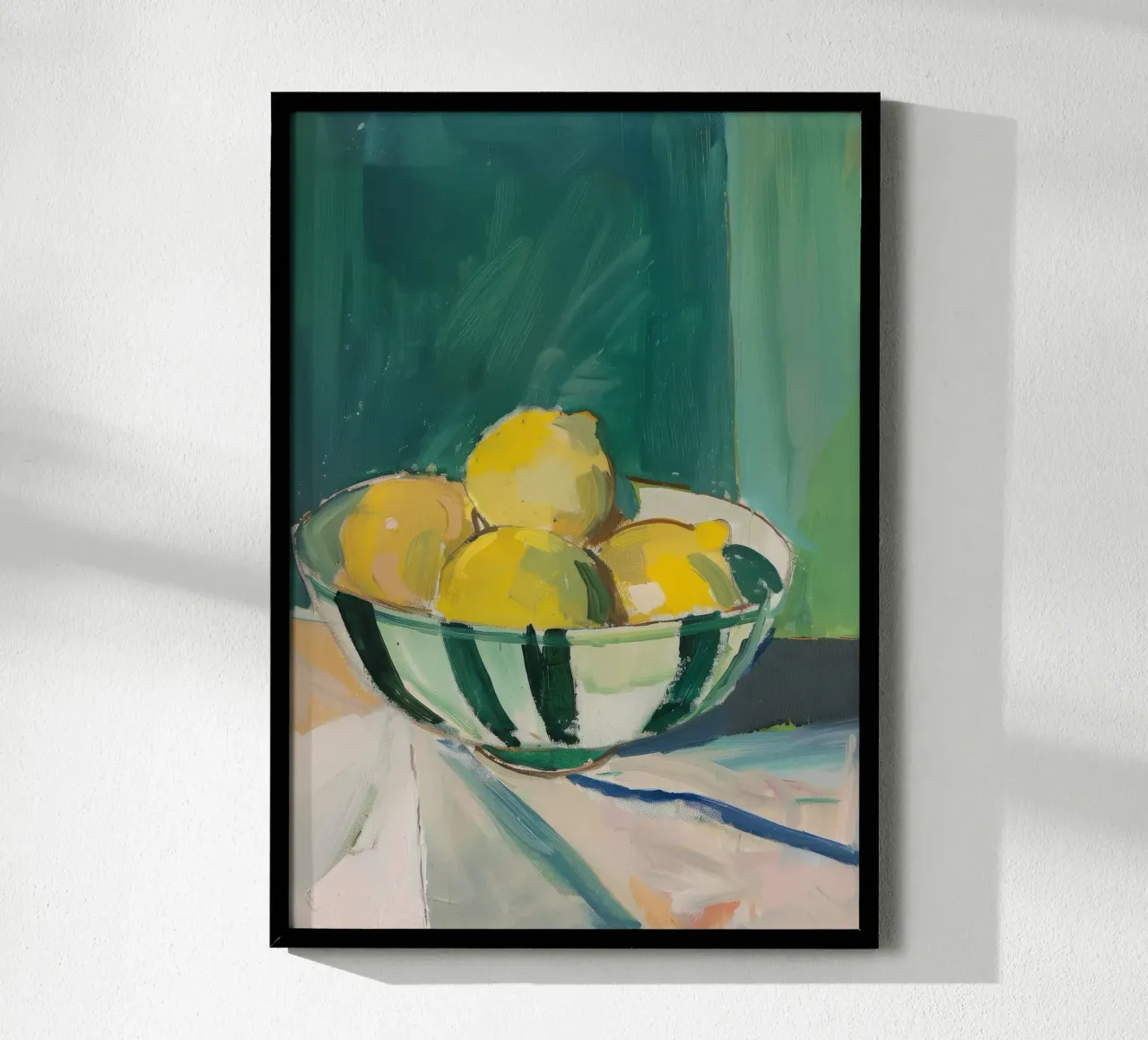 Natura morta: Limoni in una ciotola a righe poster con telaio in legno da Euphoria Theresa