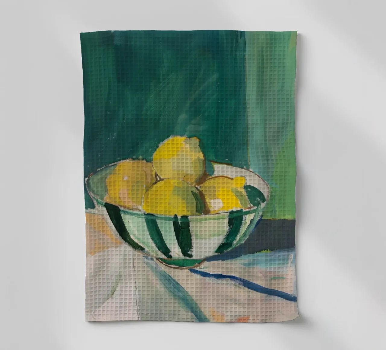 Nature morte : Citrons dans un bol rayé torchon de Euphoria Theresa