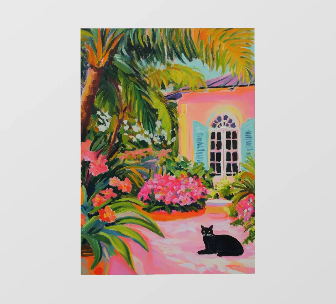 Gatto nero nel giardino di Key West - Gouache pellicola backlit da Euphoria Theresa