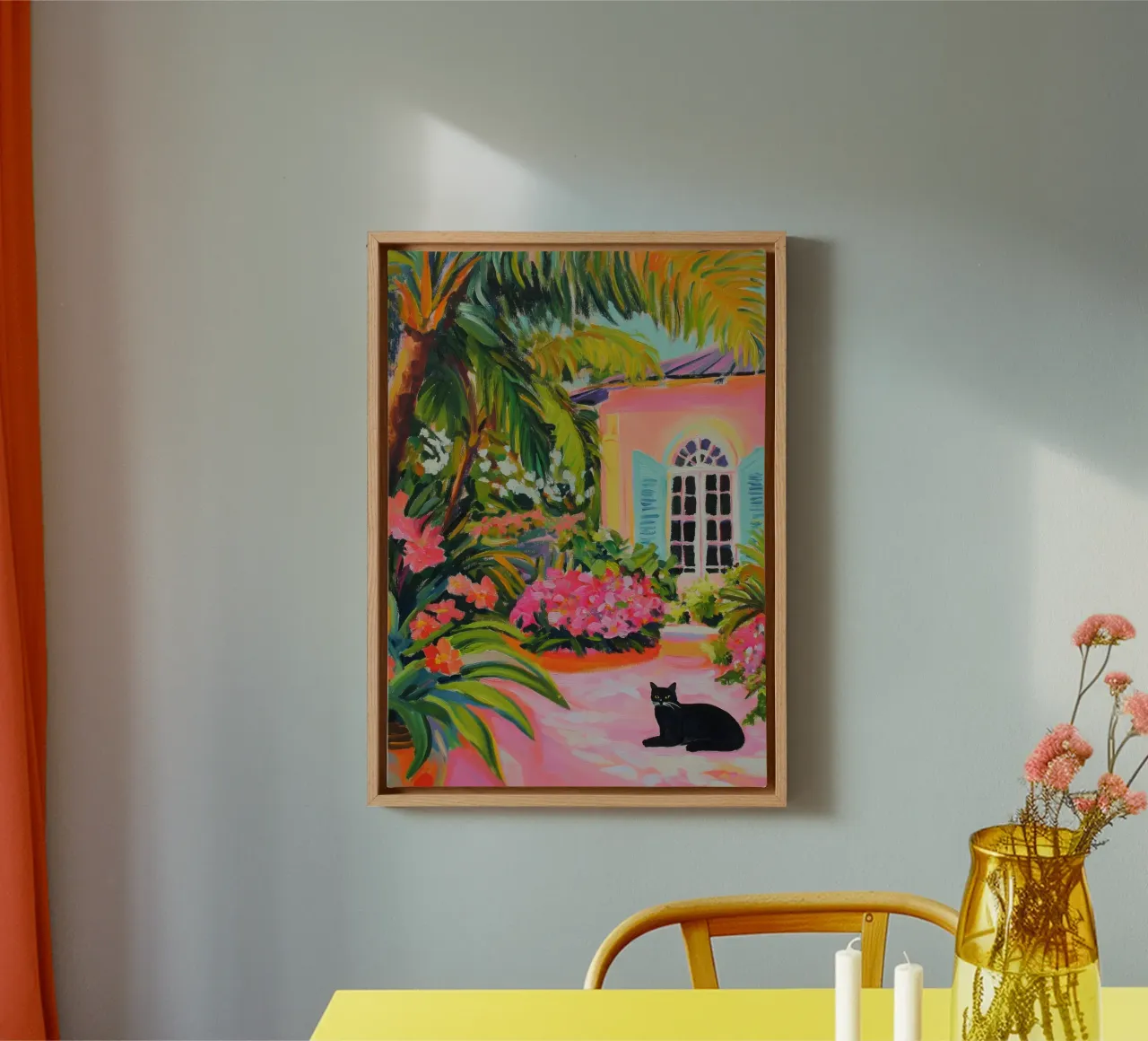 Zwarte kat in de tuin van Key West - Gouache canvas met Baklijst van Euphoria Theresa