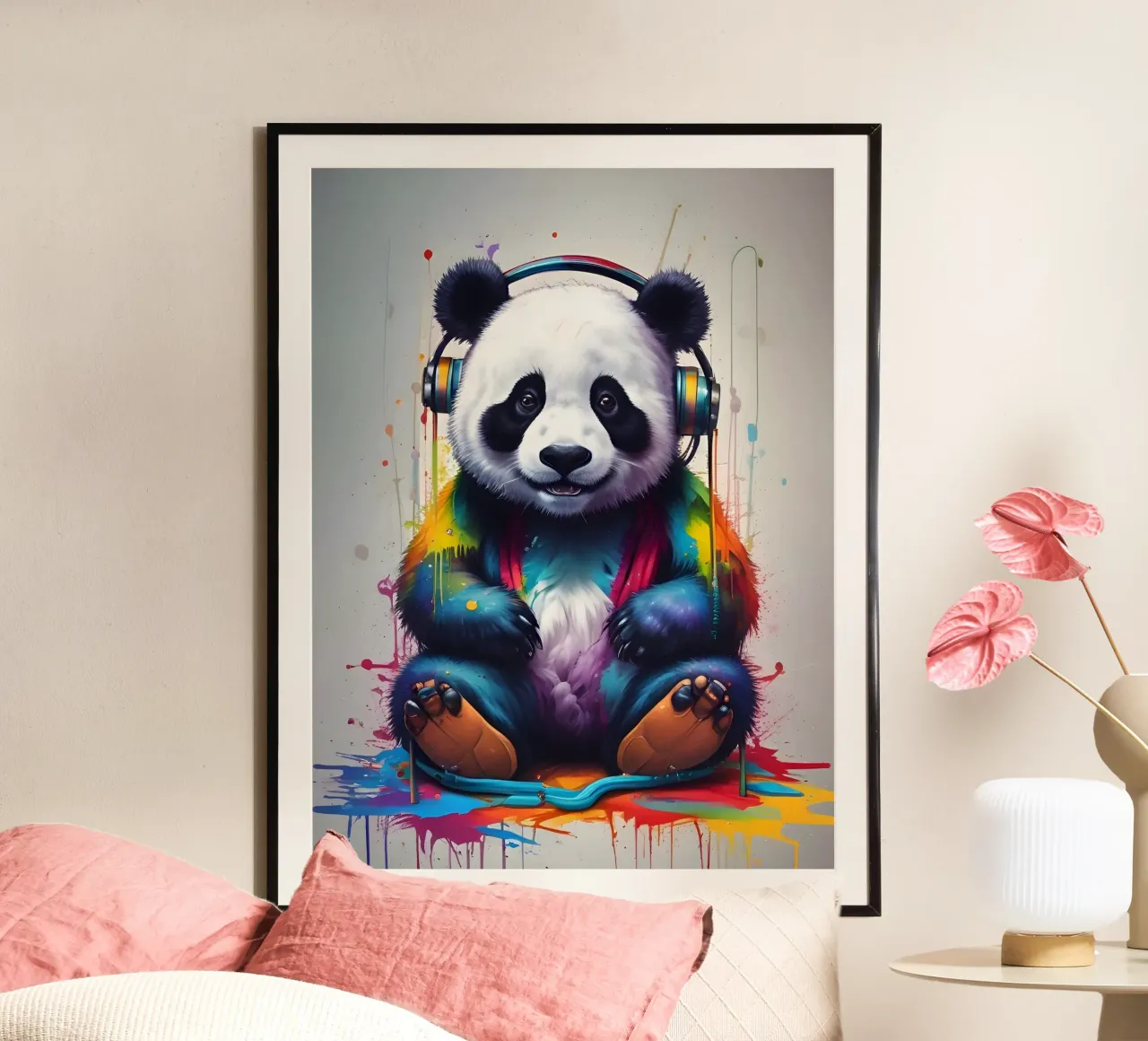 Baby panda in cuffia poster con telaio in alluminio da MakArena