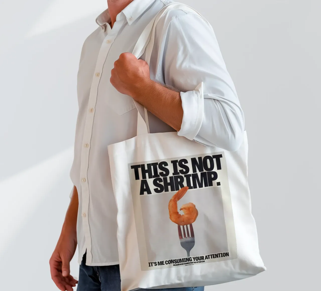 "THIS NOT A SHRIMP" borsa in juta da Type & Tape