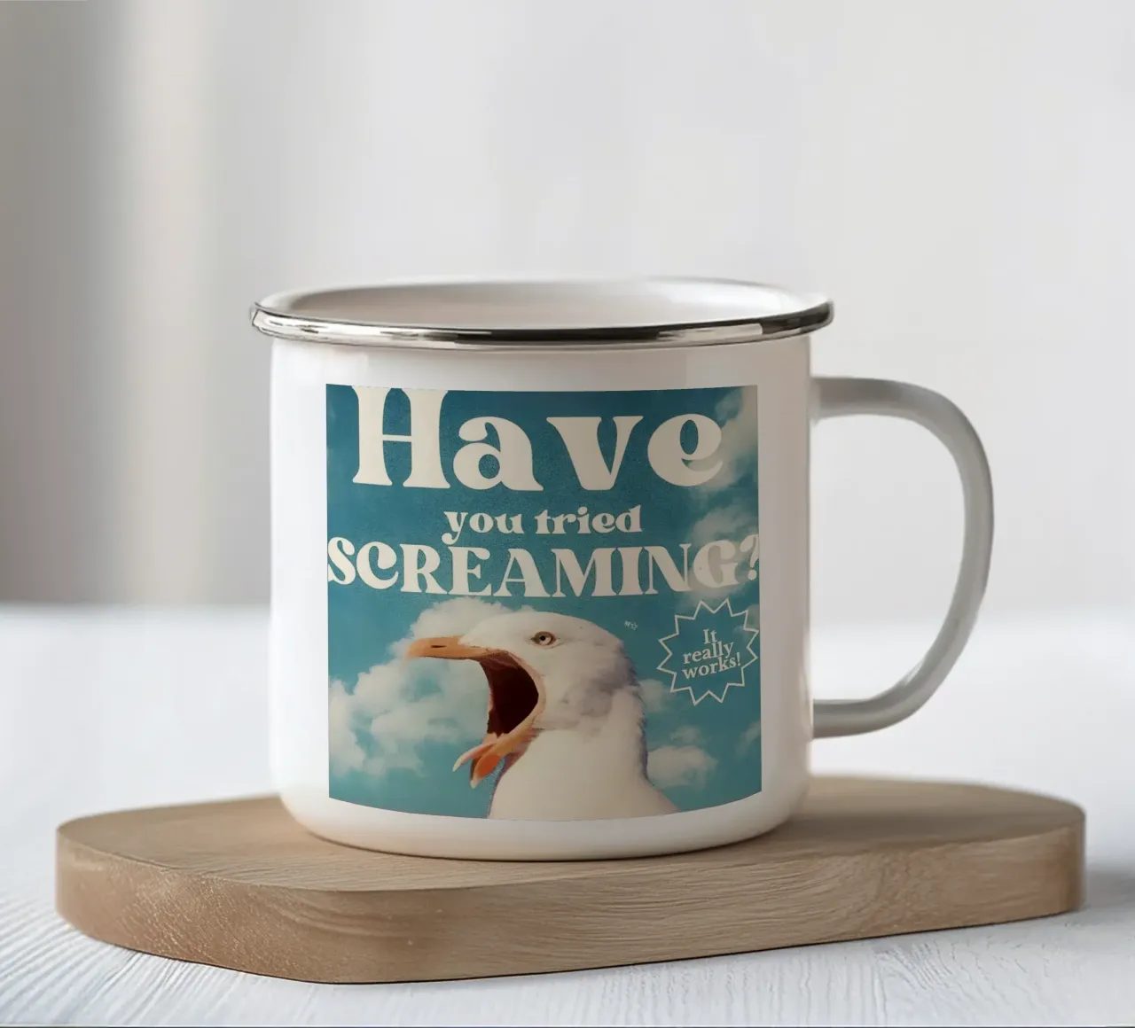 "Have you tried SCREAMING? tazza in smalto da Type & Tape