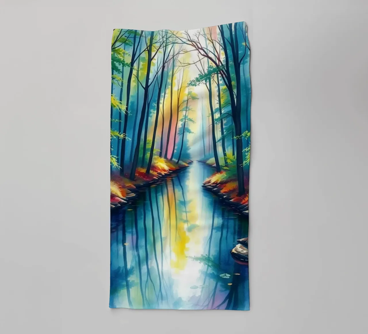 Serene Forest Stream: A Vibrant and Luminous Journey towel by Artistic-shop