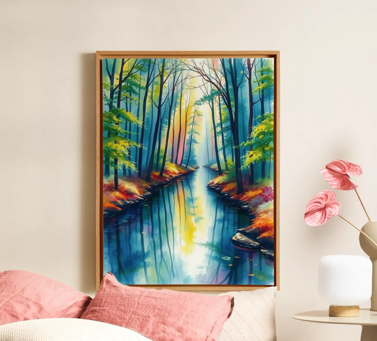 Serene Forest Stream: A Vibrant and Luminous Journey canvas with Floater frame by Artistic-shop